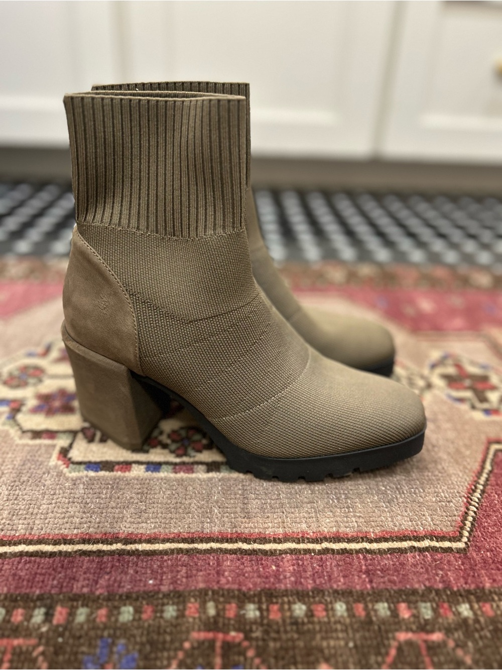 Eileen Fisher Ribbed Knit Ankle Boot in Olive